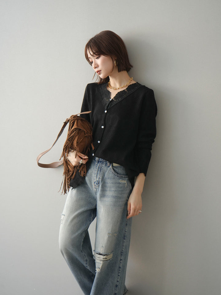 [SET]レースネックジャガードニットカーディガン+選べるアクセセット(2set)