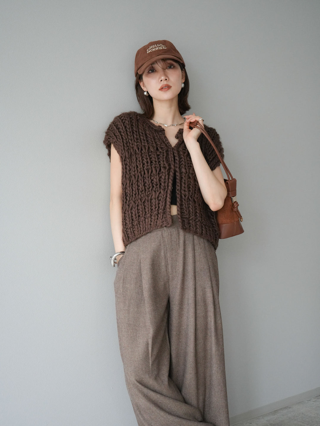 [SET] 手編繩結背心+粗花呢觸感褶皺寬褲（2件組）