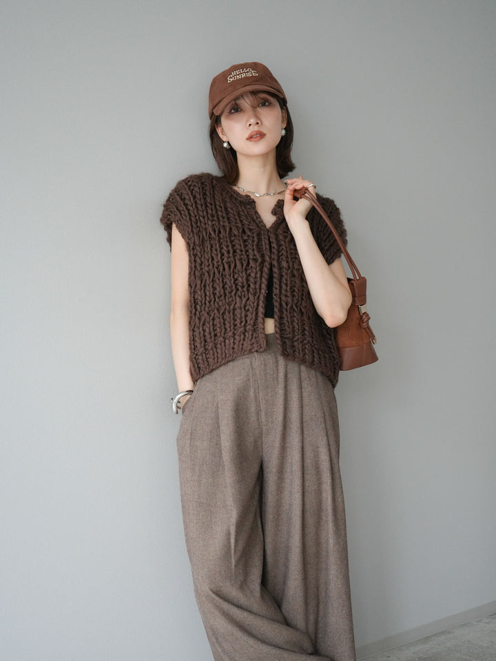 [SET] 手編繩結背心+粗花呢觸感褶皺寬褲（2件組）