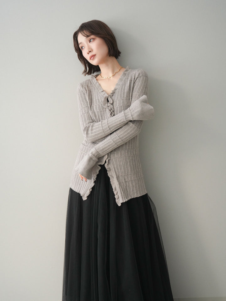 [予約]フロントフリルリブニットカーディガン/greige