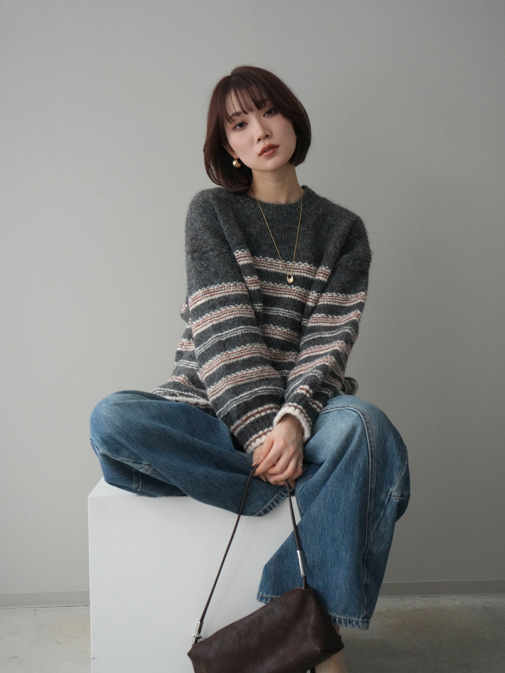 [予約]ステッチボーダーニットプルオーバー/gray