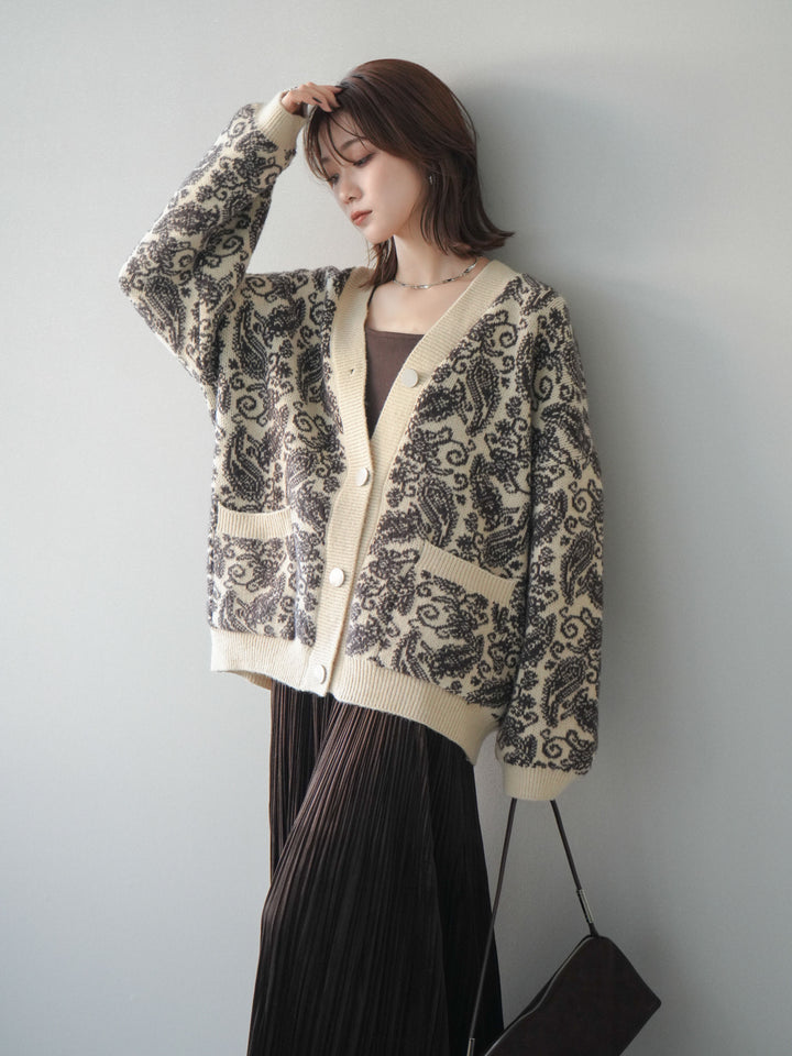 [SET]ペイズリー柄ニットカーディガン+パンチングデザインスエードプリーツスカート(2set)
