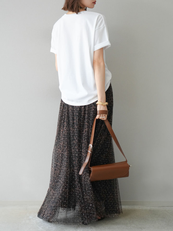 [5] 豹紋薄紗層疊百褶裙/摩卡色