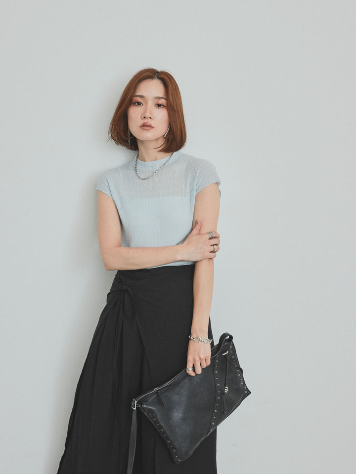 [SET]フレンチスリーブシアーニットトップス+ワッシャーサテンレイヤードスカートパンツ(2set)