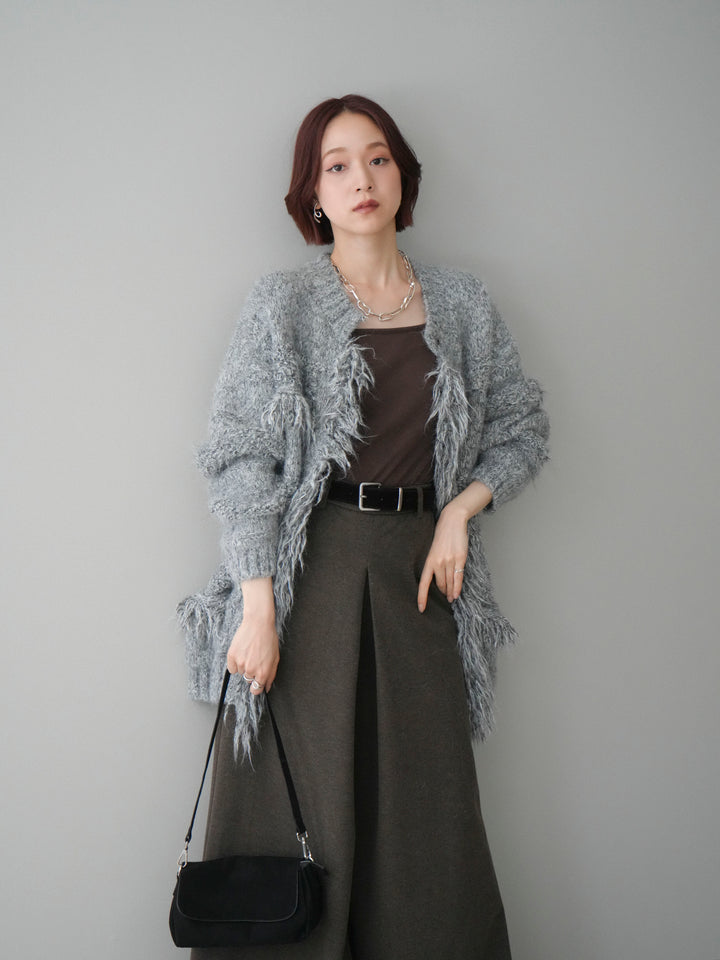 [SET]ミックスヤーンフリンジデザインニットジャケット+ストーンフォークリング(2set)
