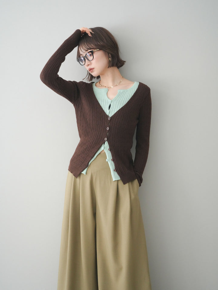 [予約]バイカラーレイヤードニットカーディガン/brown