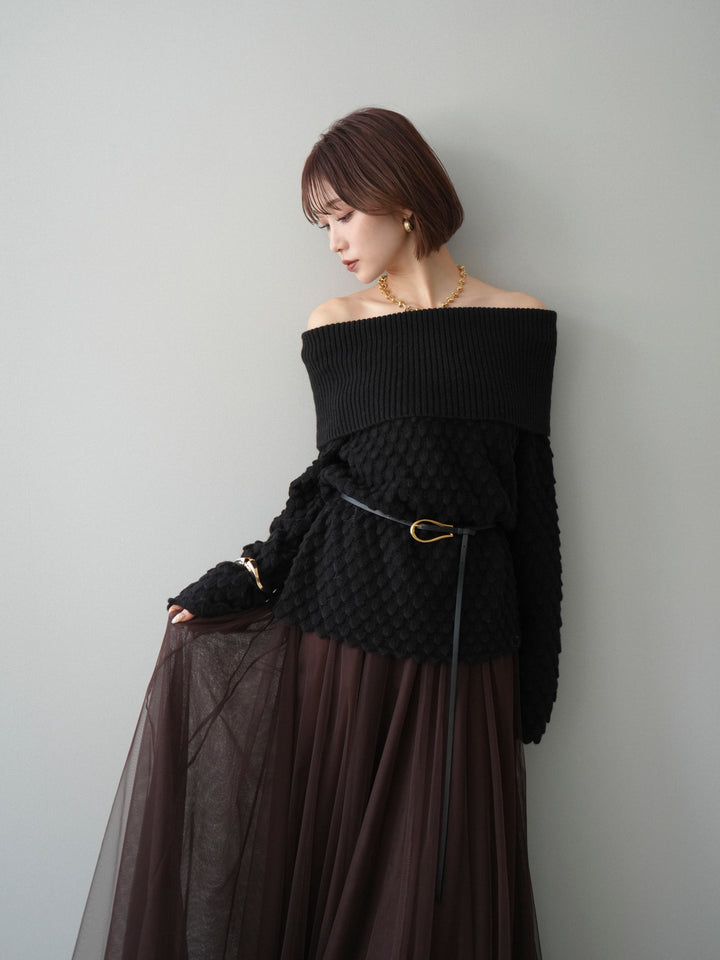 [予約]ポコポコ編みオフショルニットプルオーバー/black