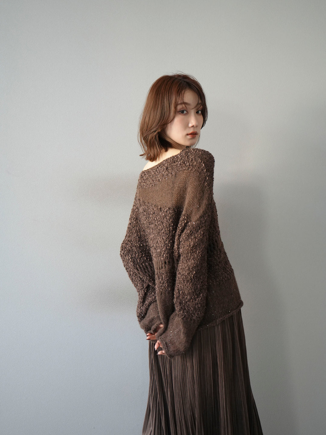 [予約]ミックスヤーンデザイン編みメッシュニットプルオーバー/ブラウン