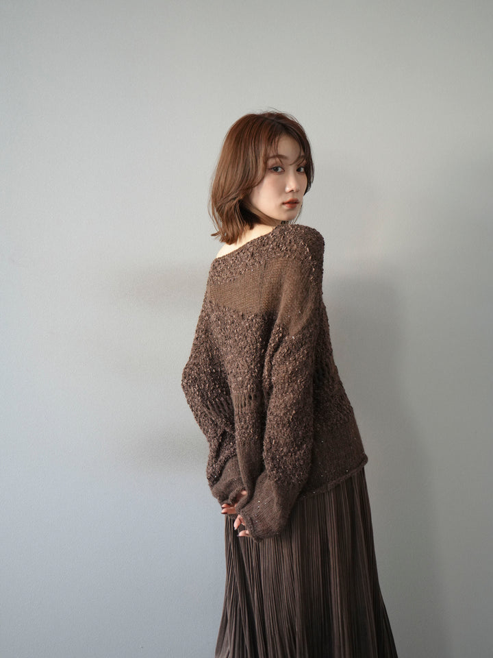 [予約]ミックスヤーンデザイン編みメッシュニットプルオーバー/ブラウン