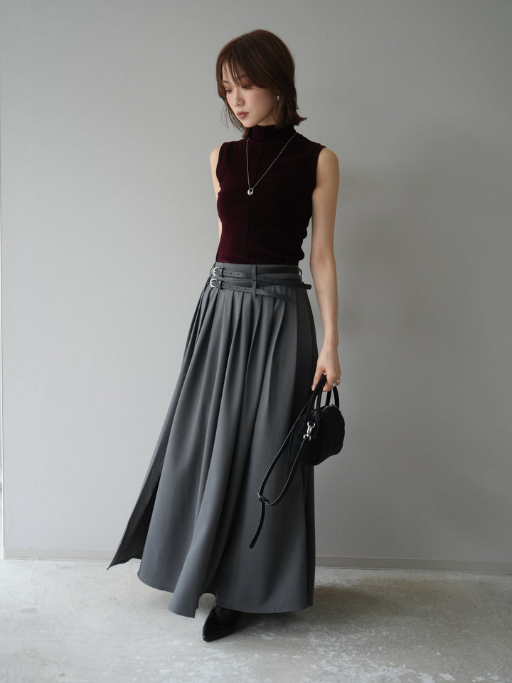 [SET]シアーベロアプチネックノースリーブトップス+エステルプリーツスリットスカート(2set)