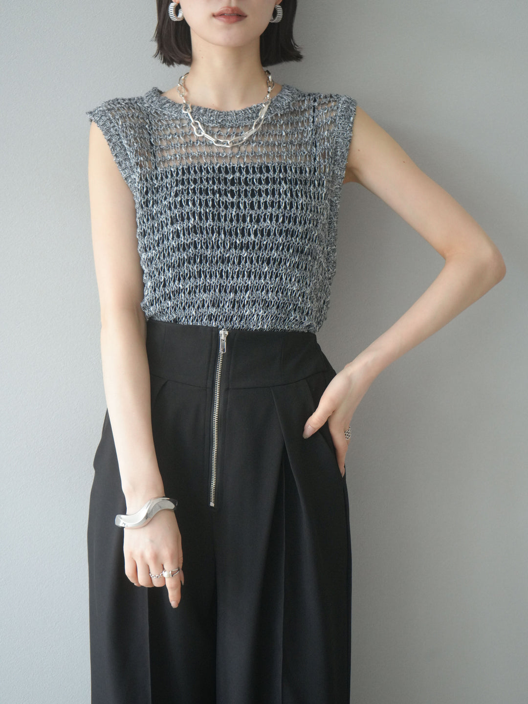 [予約]ミックスヤーン透かし編みニットタンクトップ/ブラック