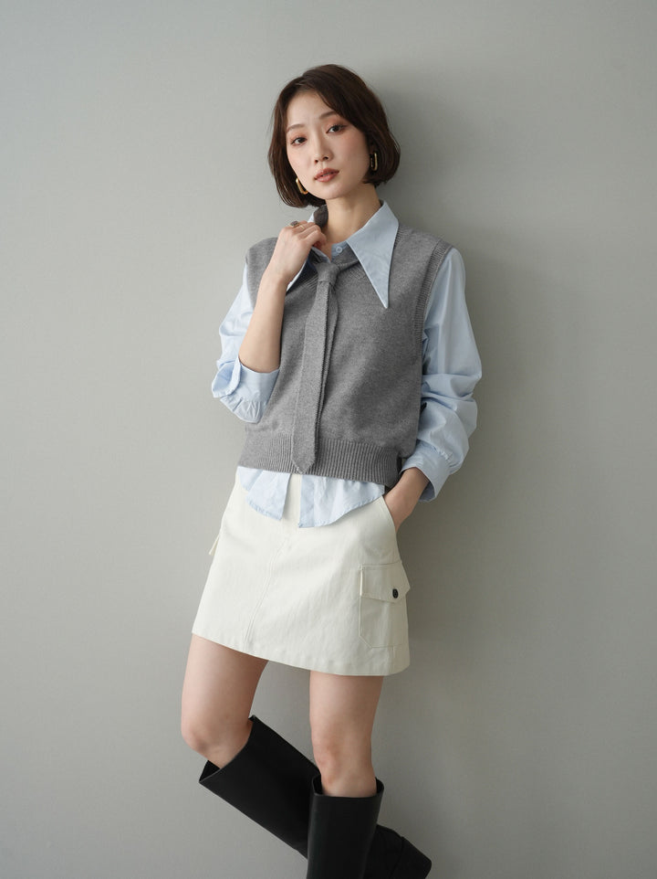 【套裝】蝴蝶結針織背心套裝襯衫+繫帶工裝迷你裙（兩件組）