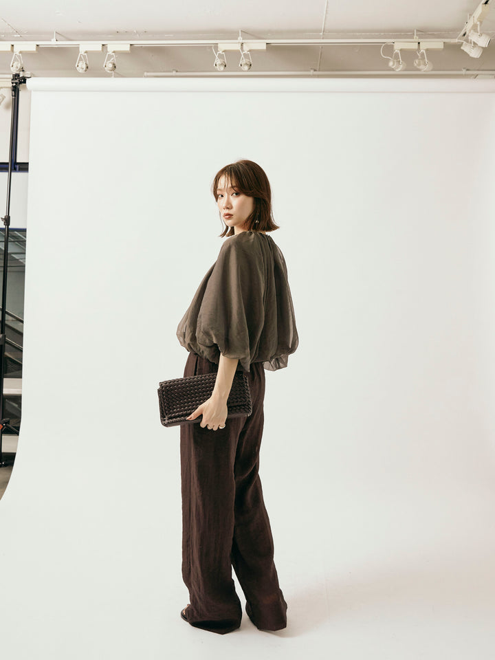 【Allure】[SET]オーガンジーバルーンショートブラウス+シャイニースラブシアーワイドパンツ(2set)