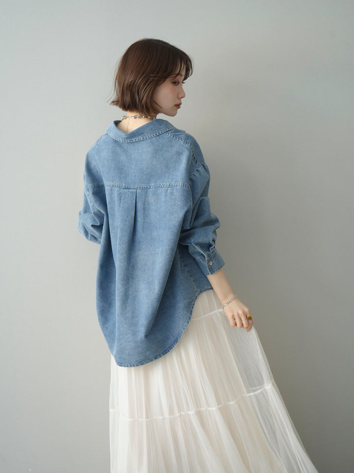 [SET]レースレイヤードデニム開襟シャツ+ラメプリーツレイヤードチュールロングスカート(2set)