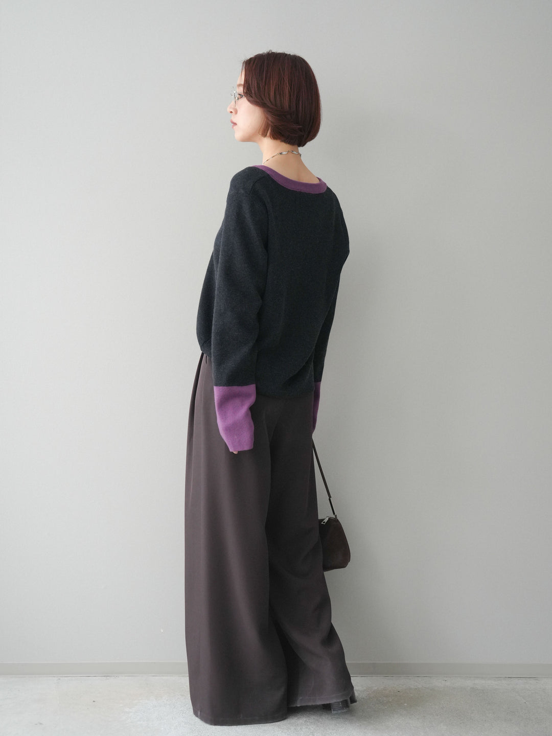 [SET]ヘンリーネック配色ニットソー+ベルトループデザインワイドパンツ(2set)