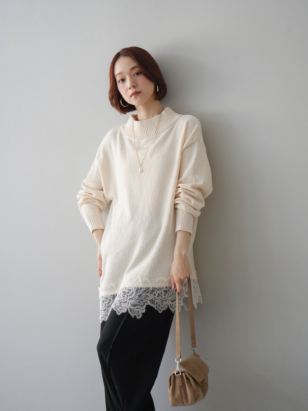 [SET]アシンメトリーレースヘムニットプルオーバー+2WAYデザインスウェットパンツ(2set)