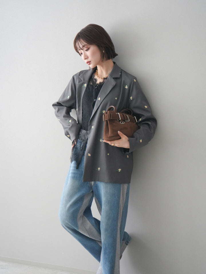 [予約]フラワー刺繍テーラードジャケット/gray