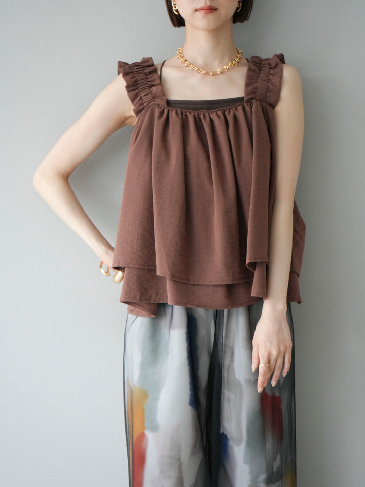 [SET] 縮肩喇叭背心 + 水彩藝術休閒褲 + 繩繡薄紗疊穿褲 (3 件套)