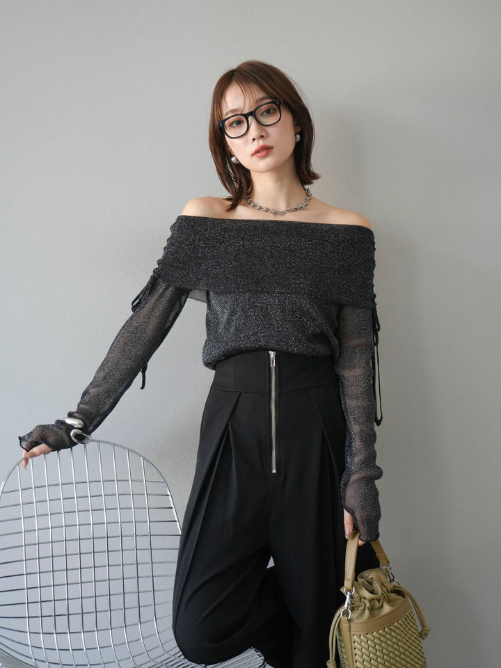 [予約]ラメシアーウィンガーホールオフショルトップス/ブラック