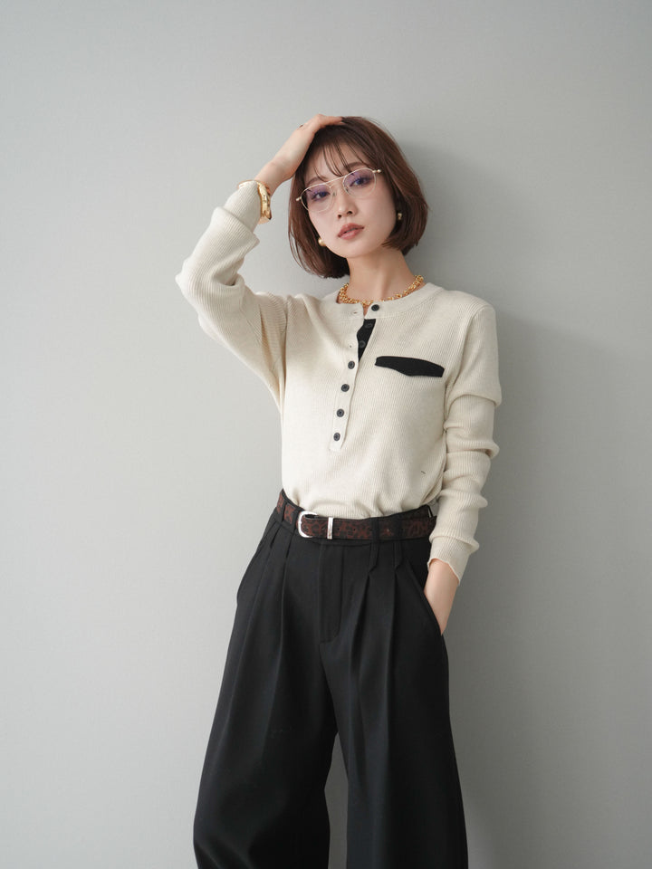 [SET]バイカラーデザインポケット配色ヘンリーネックニットソー+アニマル柄ベルト付きウールタッチワイドパンツ(2set)