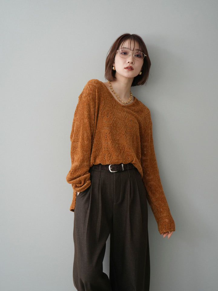 [予約]モール透かし編みニットトップス/camel