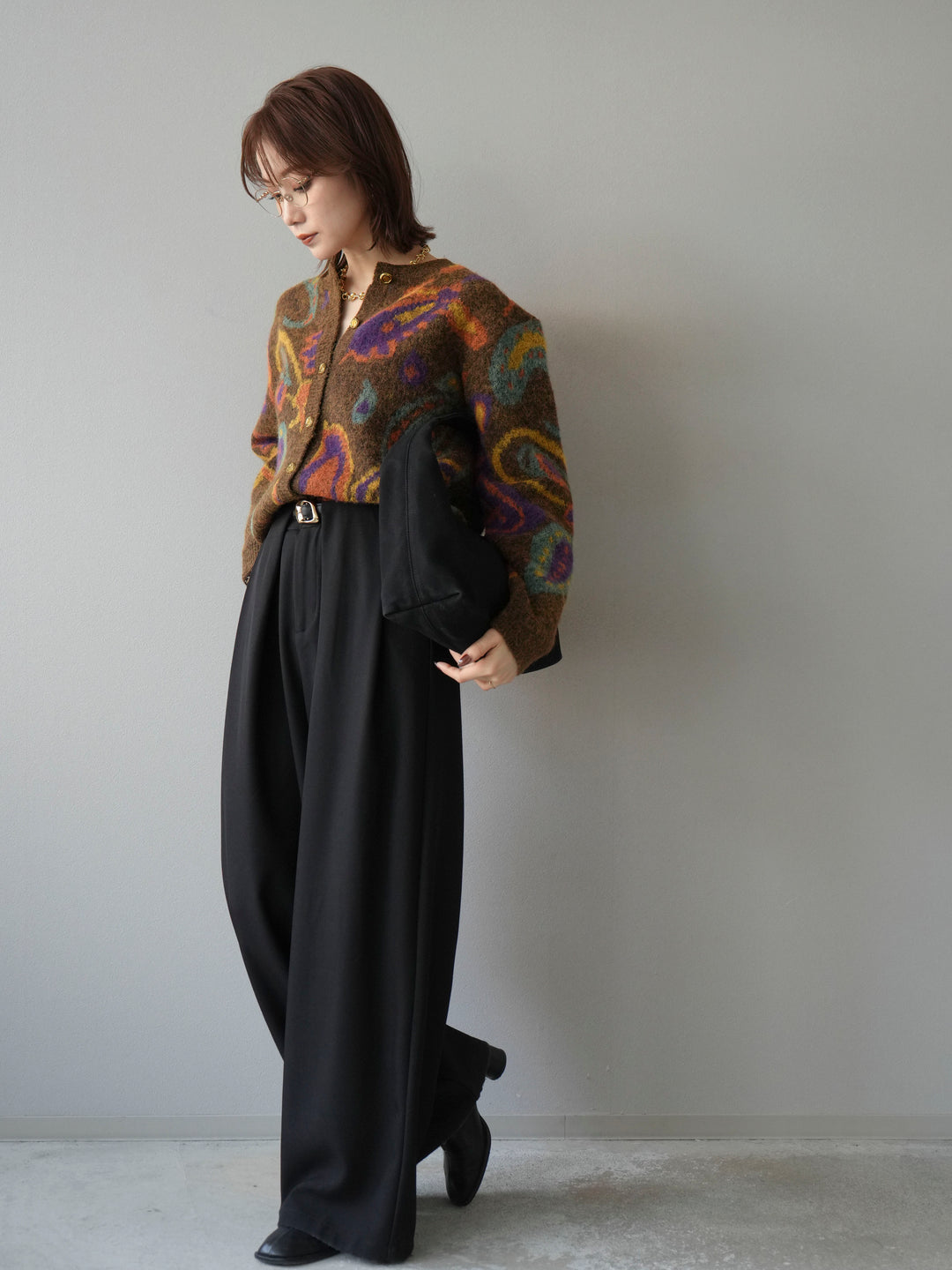 [SET]ミックスヤーンペイズリー柄ニットカーディガン+ベルトループデザインワイドパンツ(2set)