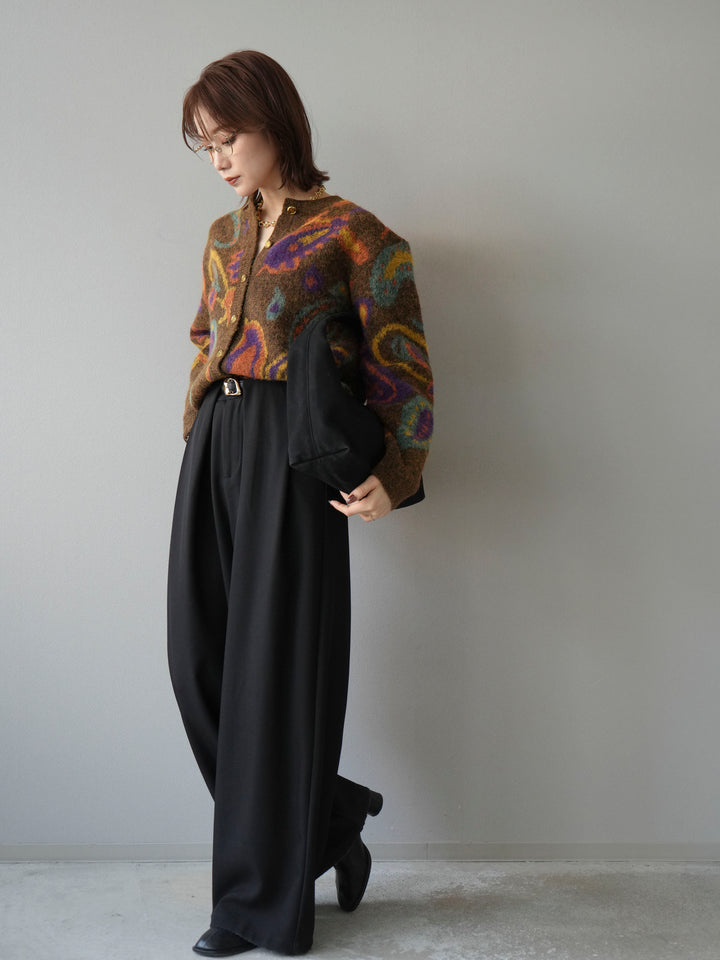 [SET]ミックスヤーンペイズリー柄ニットカーディガン+ベルトループデザインワイドパンツ(2set)