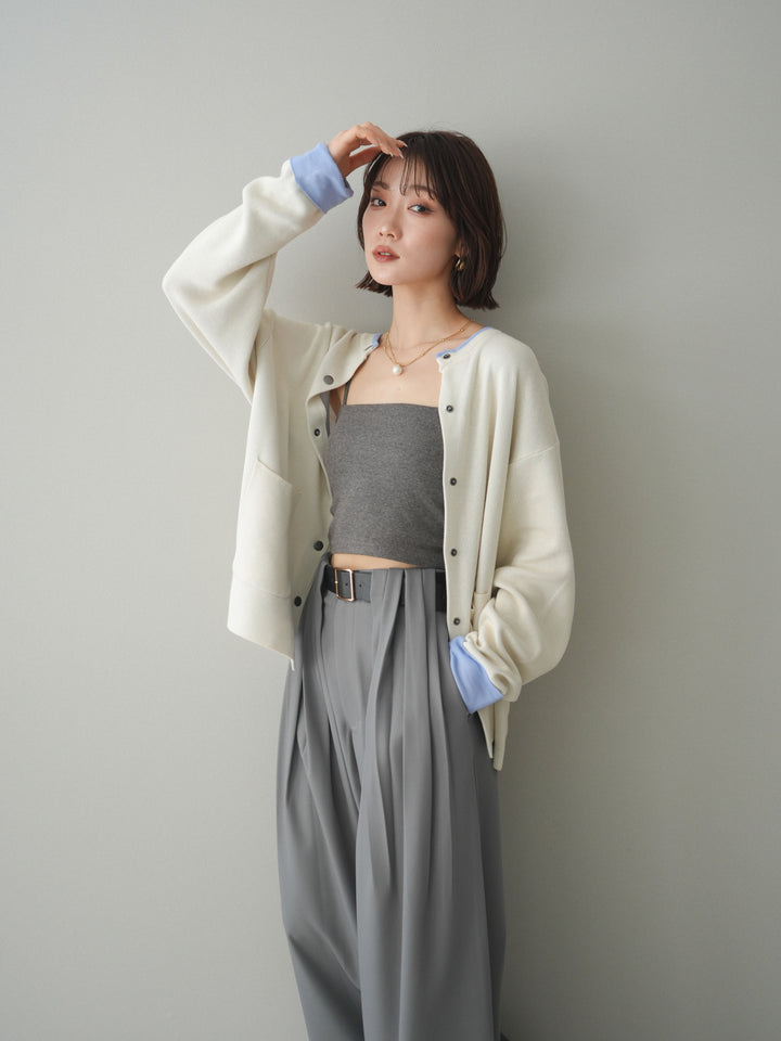 [SET]バイカラーオーバーニットカーディガン+タックベルトループワイドパンツ(2set)