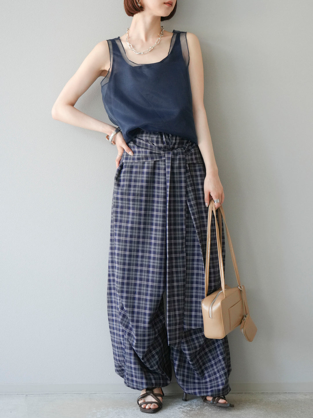 [予約]チェック柄ウエスト巻きドロストパンツ/ネイビー