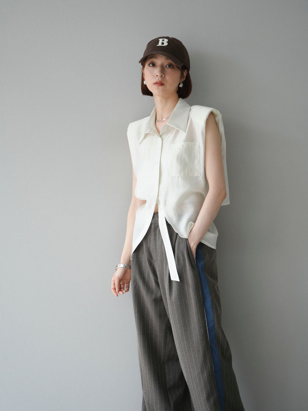 [予約]サイドラインストライプワイドパンツ/ブラウン