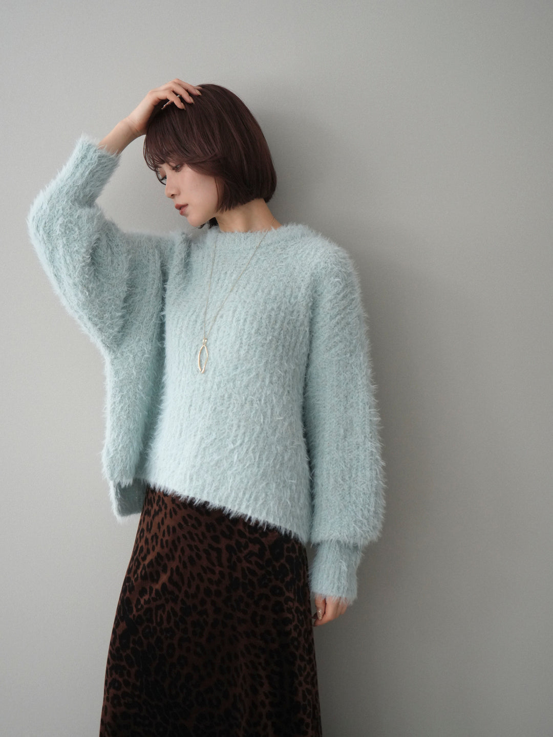 [SET]ボリュームスリーブシャギー MIXニットプルオーバー+レオパードベロアナロースカート(2set)