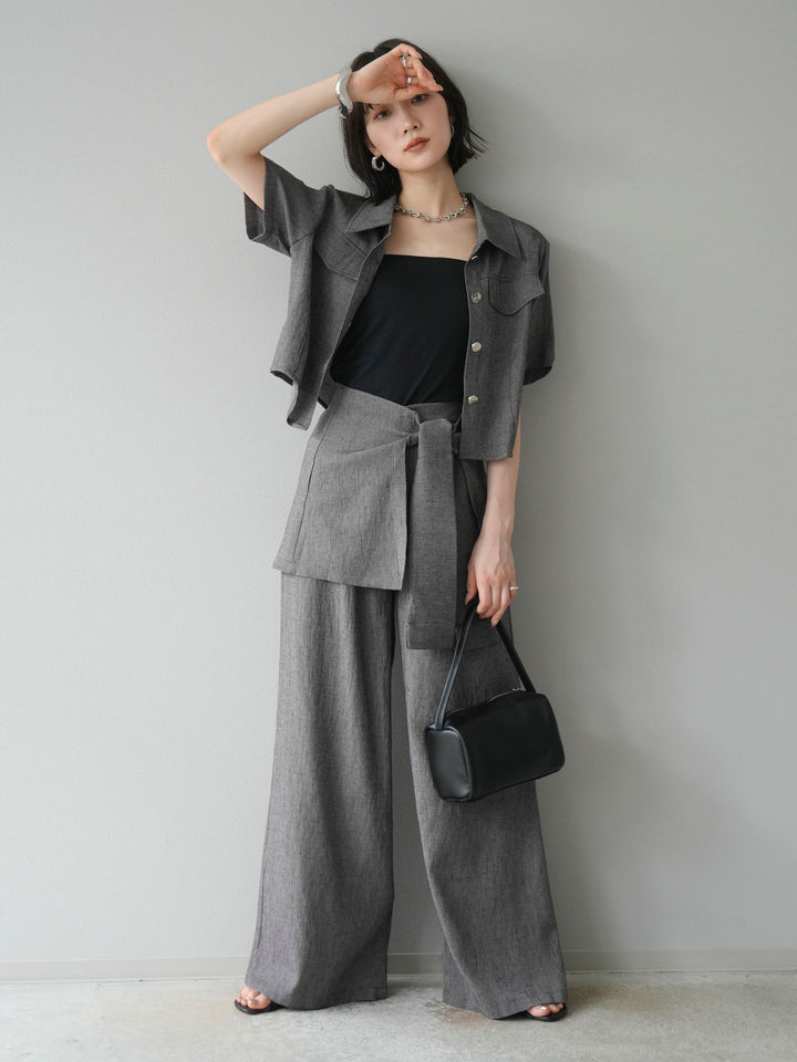 [SET]リネンタッチハーフシャツ＆ラップワイドパンツSET UP(2set)