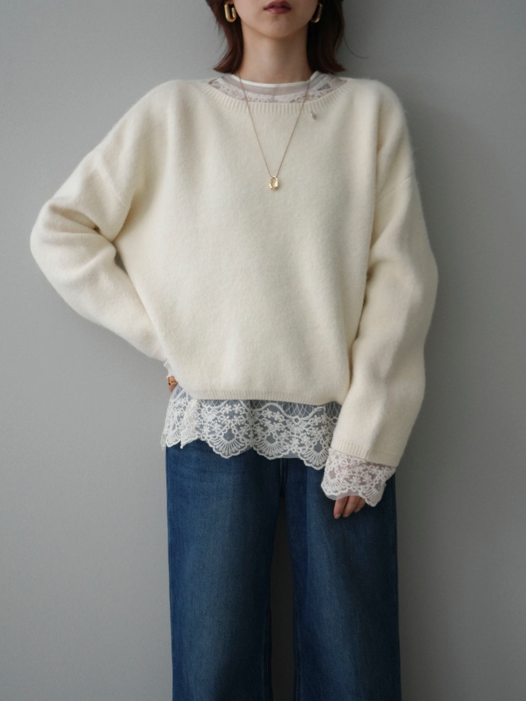 [SET]アンゴラタッチボートネッククロップドプルオーバー+チュールレーストップス(2set)