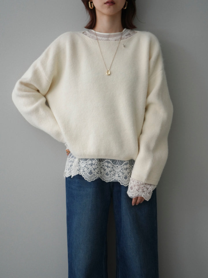 [SET]アンゴラタッチボートネッククロップドプルオーバー+チュールレーストップス(2set)