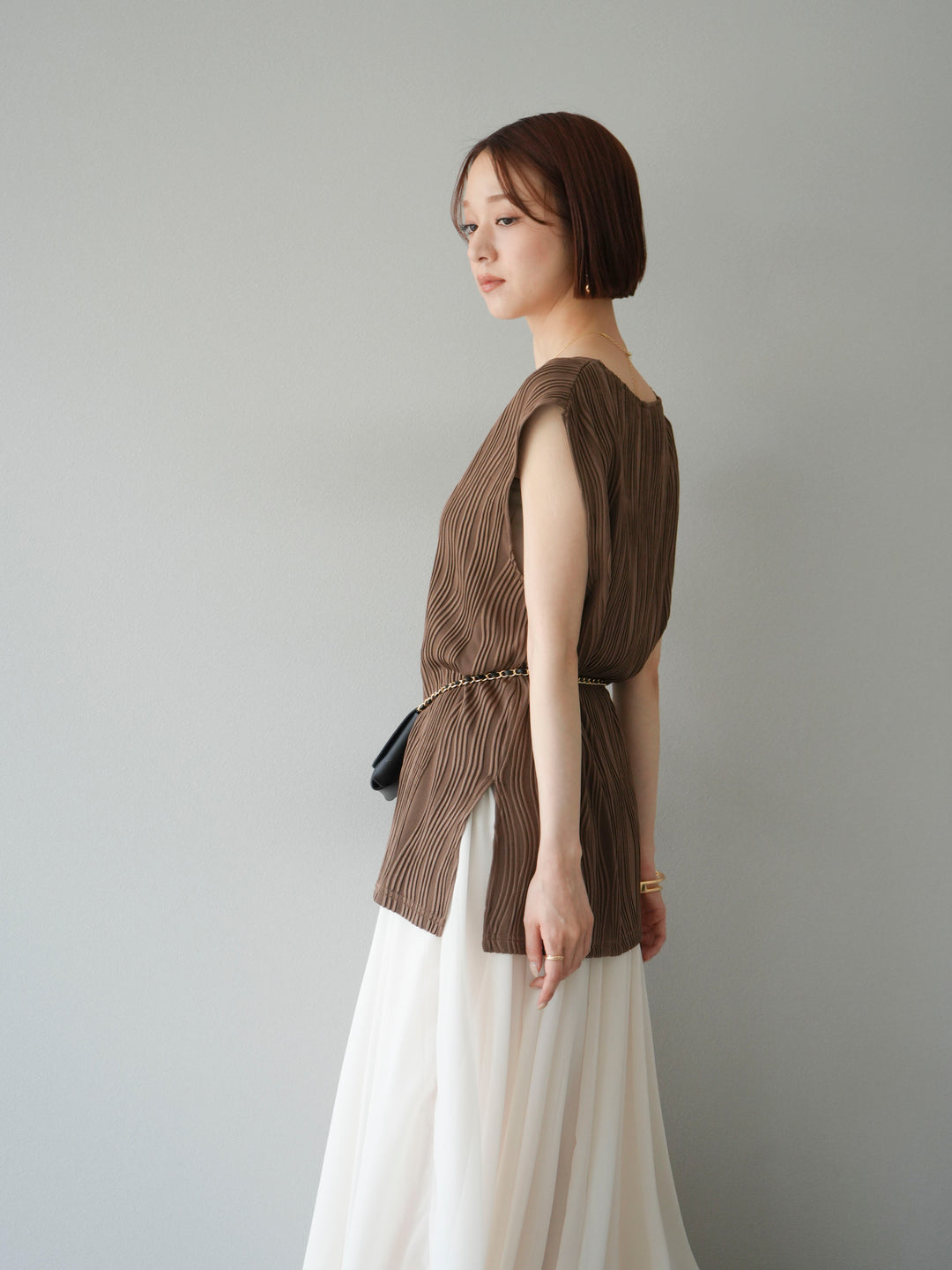 [SET]ウェーブパイピングVネックベスト+シフォンフレアスカート(2set)