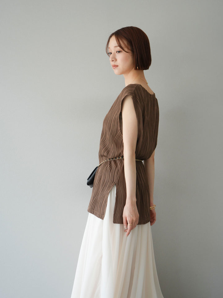 [SET]ウェーブパイピングVネックベスト+シフォンフレアスカート(2set)