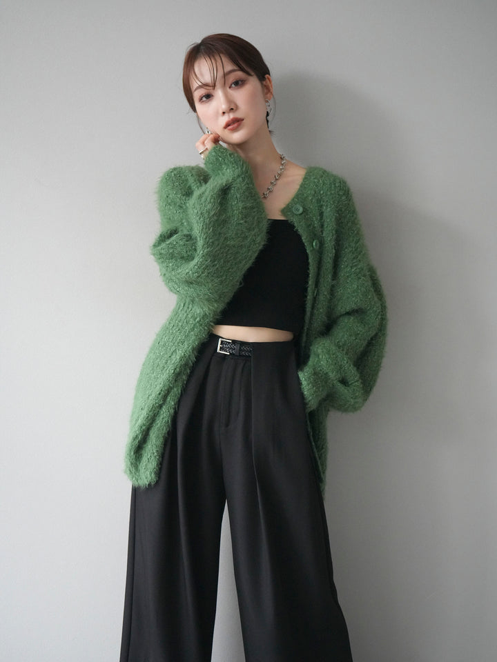 [SET]クルーネックランダムシャギーカーディガン+ベルトループデザインワイドパンツ(2set)