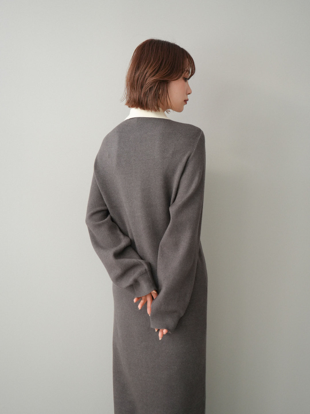 [予約]配色ポロニットワンピース/charcoal
