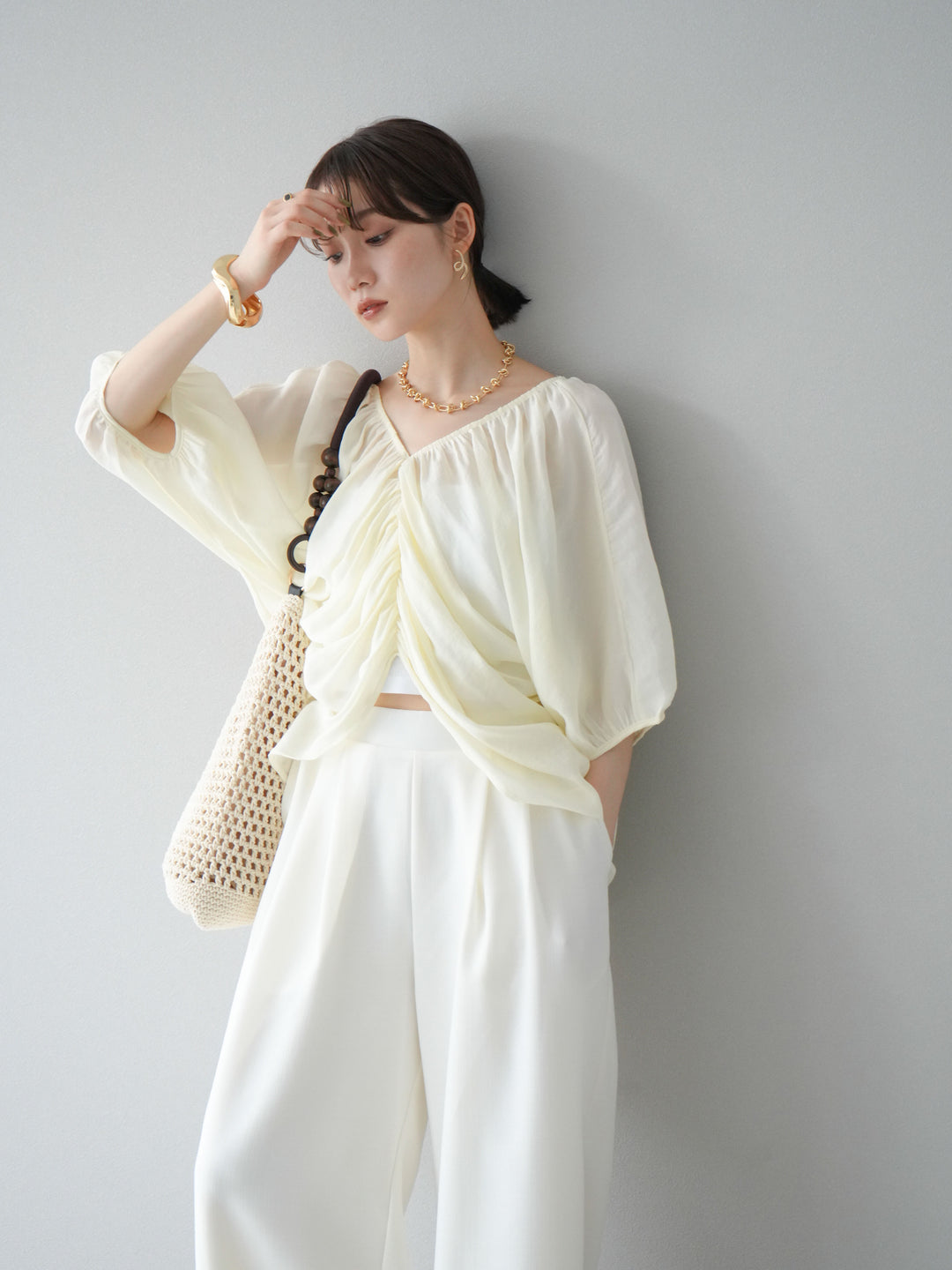 [SET]ボリュームスリーブシアータックブラウス+リネンライクイージーワイドパンツ(2set)