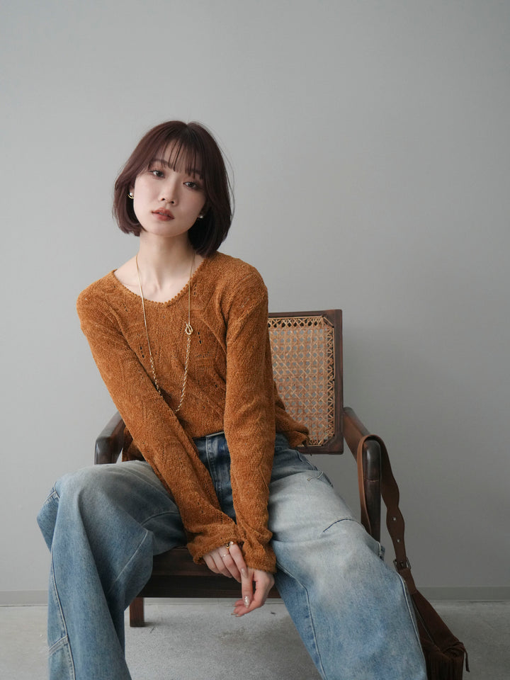 [予約]モール透かし編みニットトップス/camel