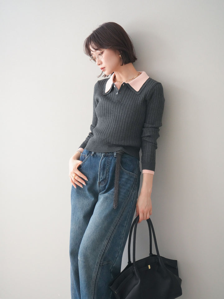 [予約]ダブル襟ポロリブニットトップス/charcoalgray