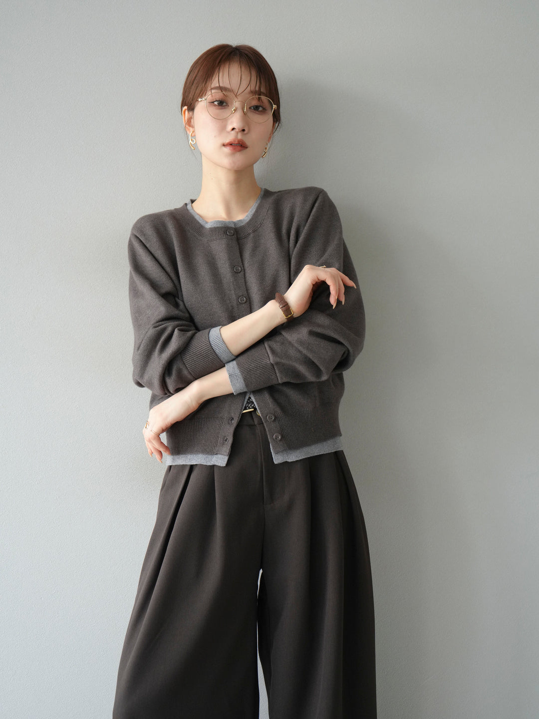 【SET】同色系疊穿開襟衫+雙褶寬褲（2件組）