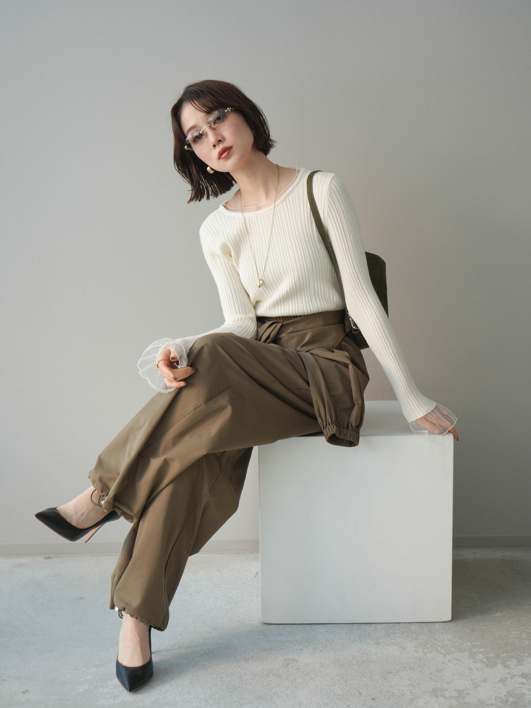 [予約]チュールレイヤードリブニットトップス/ivory