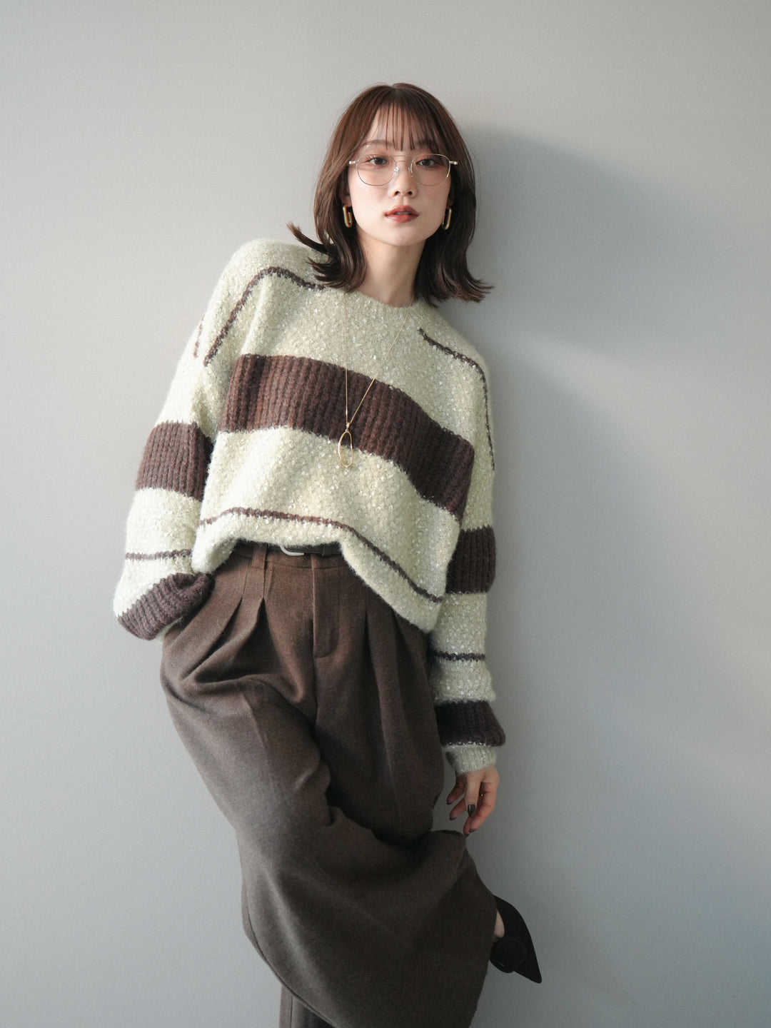 [予約]ネップヤーンボーダーニットプルオーバー/beige