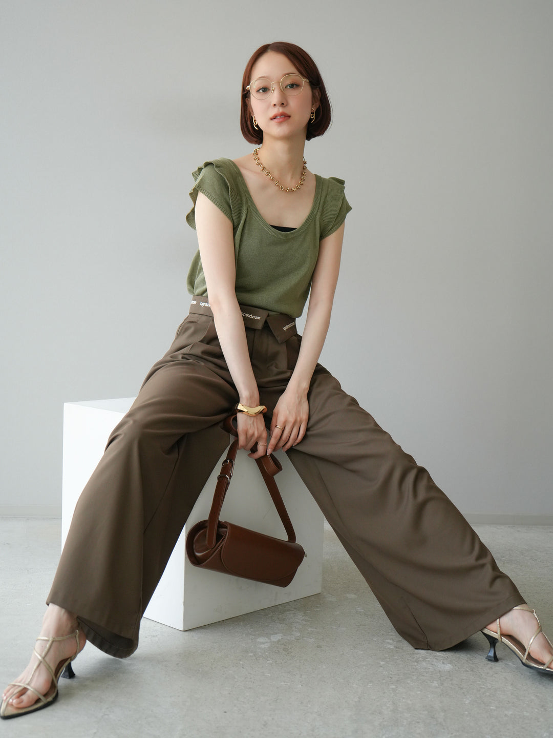 [予約]リネンタッチフリルニットタンクトップ/カーキ