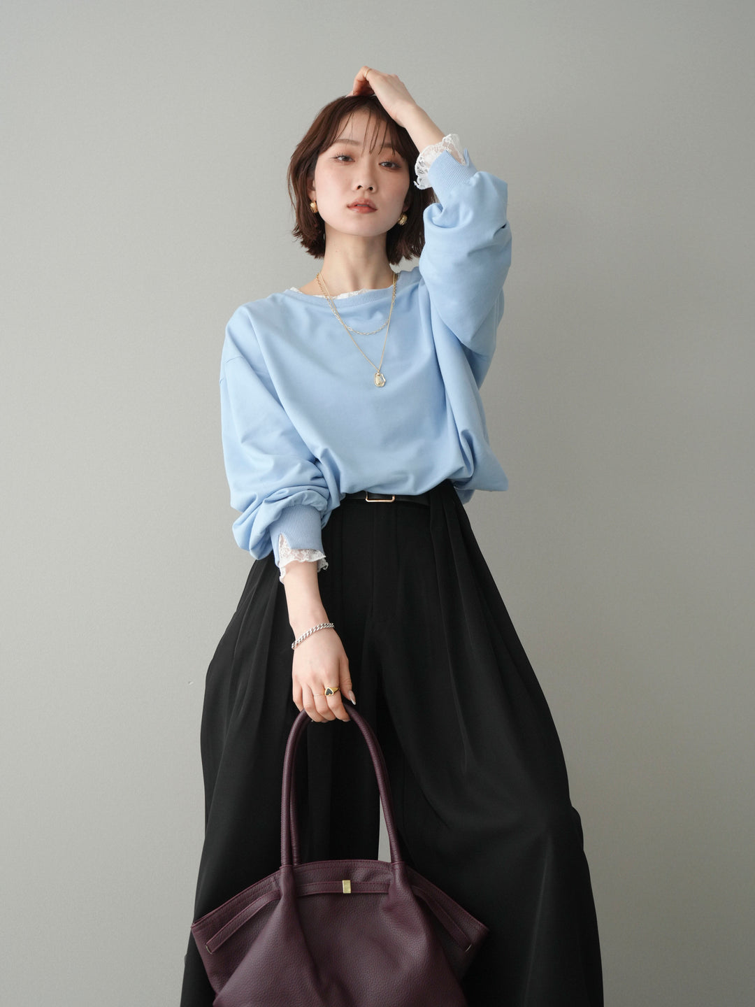 [予約]袖レースカットバルーンプルオーバー/sax