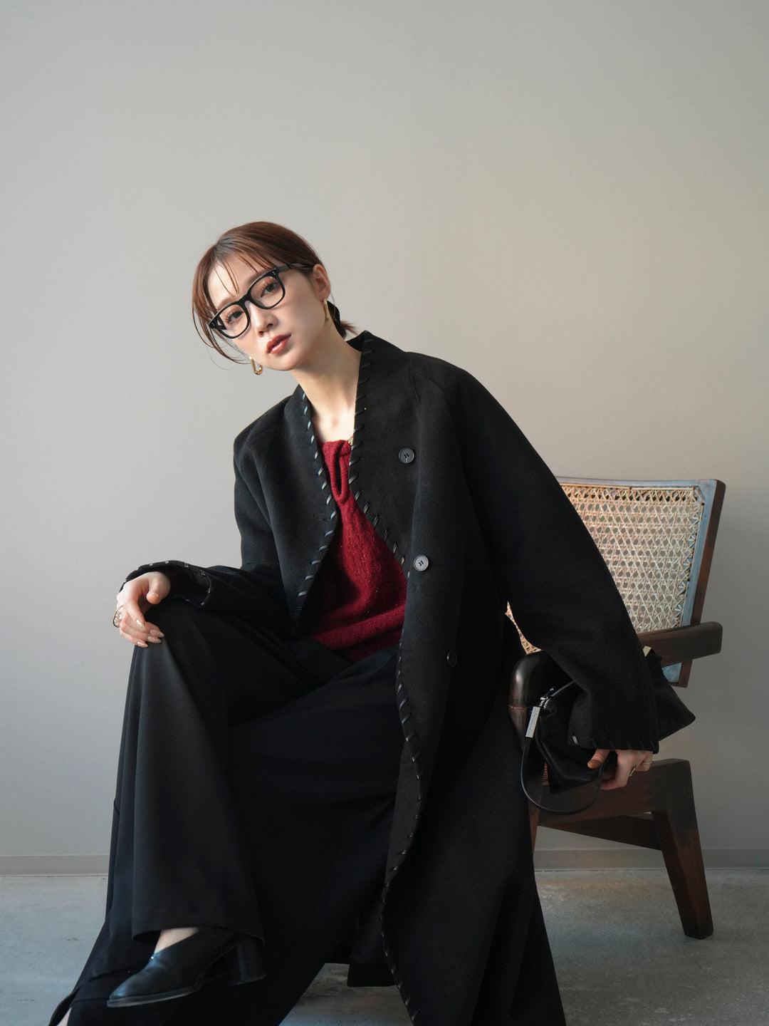 [予約]ハンドステッチ裏中綿ロングコート/black