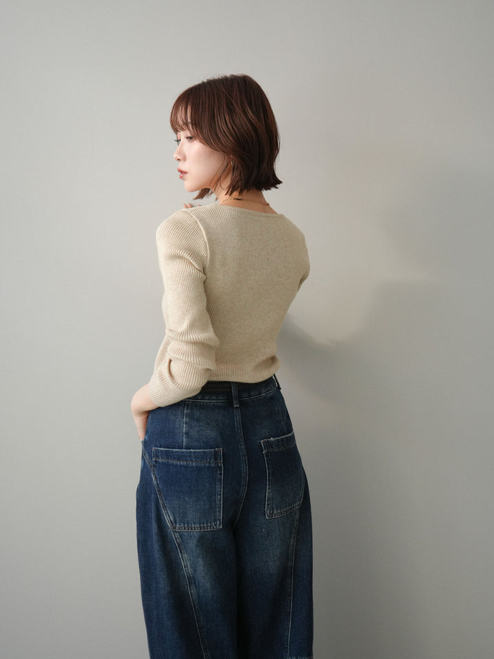 [予約]Vネック配色レイヤードスリットニットトップス/beige