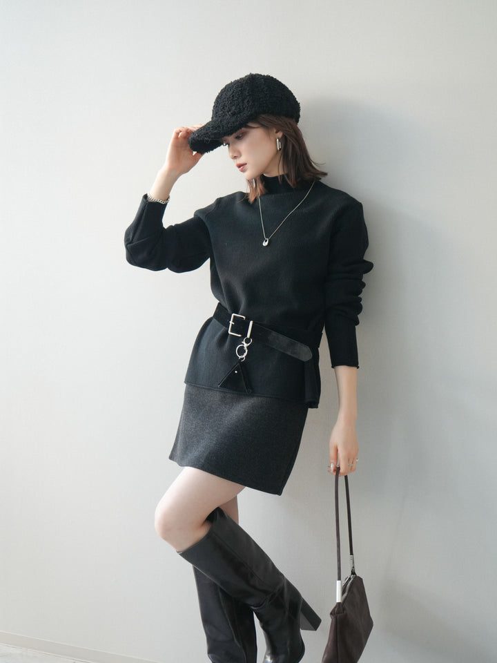 [予約]ボトルネック裾カールリブニットトップス/black