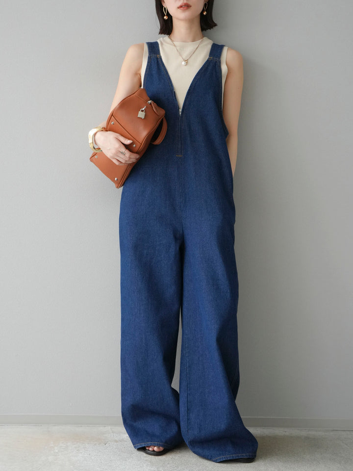 [予約]フロントZIP Vネックデニムサロペット/インディゴ